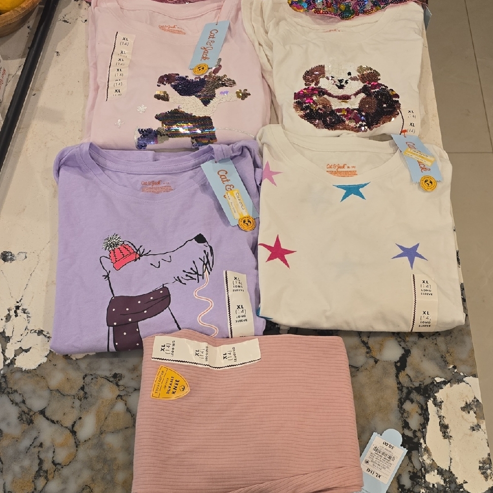 Cat & Jack Kids BUNDLE- Pink, Purple, and White Tops, Legging And Skirt